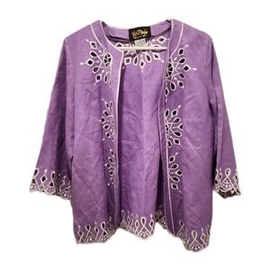 Vtg Bob Mackie Lavender Purple Cut Embroidered Linen Blend Cardigan Sz M
